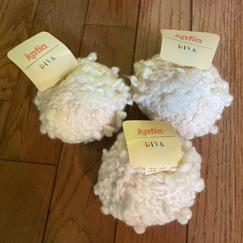 3 Balls Katia Diva Wool Blend Yarn - Color White - 33 yds ea - Made in Spain